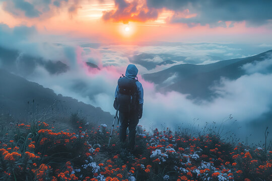 Adventurous hiker standing on a mountain peak as the sunrise illuminates a sea of clouds, representing exploration and freedom