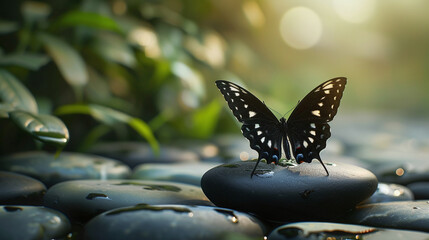 Butterfly On Massage Stones In Zen Garden. Harmony of Life Concept. Surrealist Butterfly on the Pebble Stone Stack in Garden. Metaphor of Balancing Nature and Technology. Calm, Mind, Life Relaxing