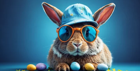 Tuinposter cute bunny wearing glasses and hat, easter day, eggs around it on blue background © budi