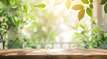 Sunlight cast shadows on a wooden surface with a fresh green leaves backdrop.
