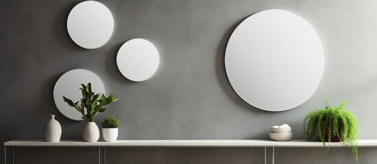 A white shelf is neatly arranged with three round mirrors on top, all reflecting the stylish mirror on a gray wall background.