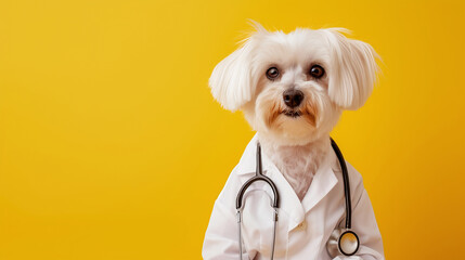 Little dog as a vet wearing robe and stethoscope - isolated over a yellow background, copy space...