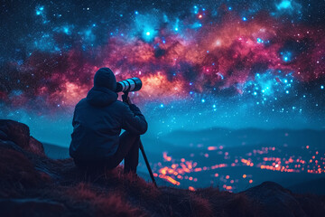 A young astronomer points a powerful telescope towards the night colored sky, exploring the...