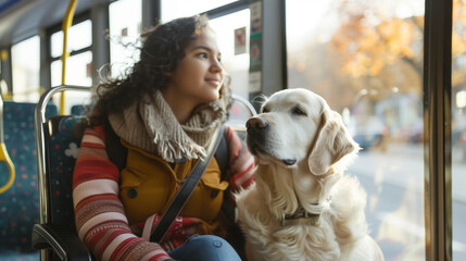 Senior Woman with Her Service Dog Enjoying a Bus Ride Together.