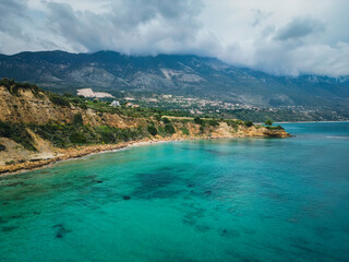Aerial view of a sunny coast in Kefalonia, Greece