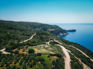 Aerial view of rural shoreline of Kefalonia, Greece - 755000664
