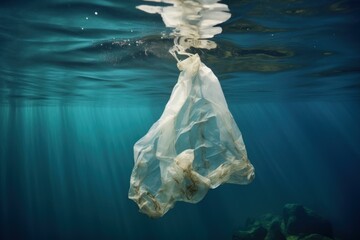 Floating Plastic bag ocean underwater. Litter trash. Generate Ai