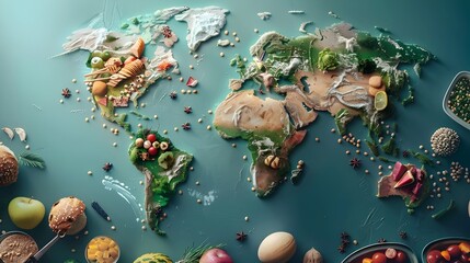 Global Culinary Fusion Vibrant World Map Crafted from Food Ingredients