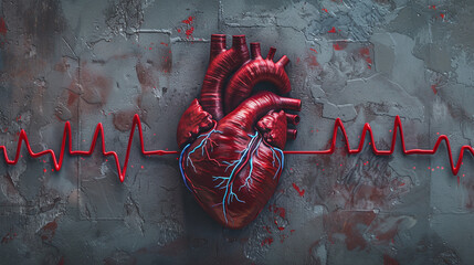 Anatomy Human heart with cardiogram on ecg medical copy space background