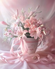 Delicate pink flowers in a white elegant vase accented with silky ribbons against a pastel background. Gentle and romantic atmosphere. Mothers day concept. Wedding concept.