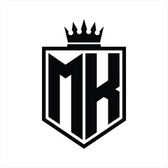 MK Logo monogram bold shield geometric shape with crown outline black and white style design