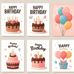 Happy birthday card set with cake, balloons and calligraphy. Cute and elegant  illustration templates in simple style