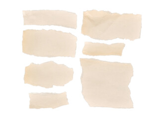 Group of torn old paper strips isolated cutout on transparent