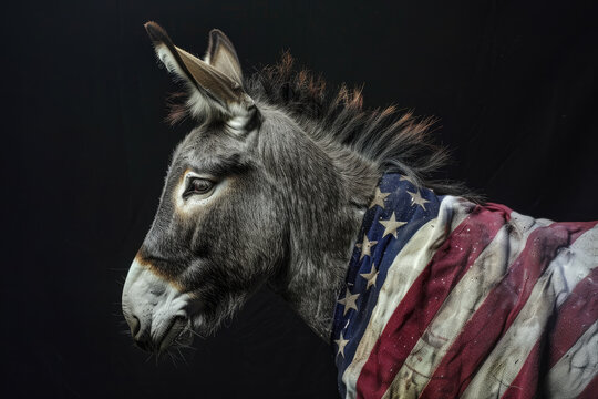 An donkey covered in the American flag a symbol of the Democratic political party