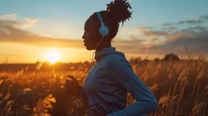 Fotobehang Happy young african american woman jogging outdoors in nature in a wheat field at sunset on a summer day. Black woman running for better mental and physical wellbeing. AI generated © Sophie