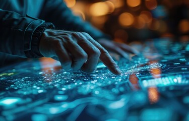 Touch hand open innovation. Hologram radial digital hud interfaces were futuristic. blue and orange colour, close up finger