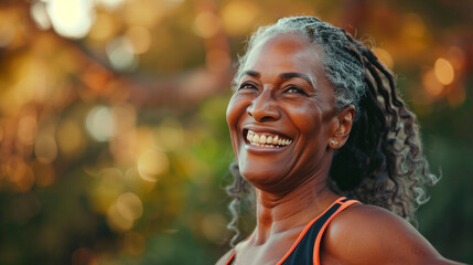 Professional Portrait of an active black African American mature woman smiling and doing fitness pilates outside in nature - obrazy, fototapety, plakaty