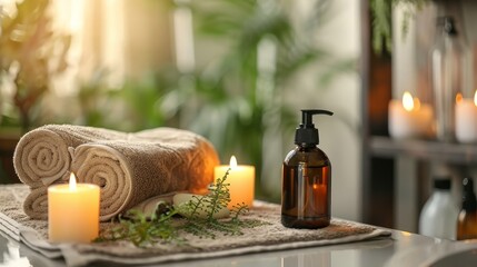 Fototapeta na wymiar Inviting spa scene with rolled towels, a pump bottle, and lit candles, surrounded by lush greenery for a peaceful wellness experience.