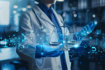 A doctor in a white coat and blue gloves holding a justice scale, using a holographic interface with medical icons floating around.  - obrazy, fototapety, plakaty
