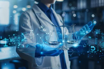 Poster A doctor in a white coat and blue gloves holding a justice scale, using a holographic interface with medical icons floating around.  © Sascha