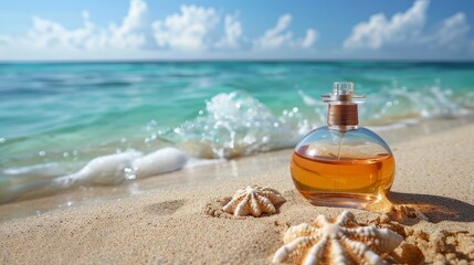 Fototapeta na wymiar A round perfume bottle accompanied by seashells sits on the soft sand of a sun-kissed beach, with waves gently lapping nearby.
