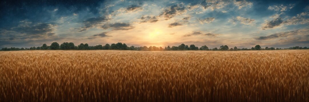 Beautiful landscape of a wheat field. Day and night. Moon and sun in one picture. Panorama of changing time of day. Night sky. Bright sun on a blue sky.Wide field of wheat.