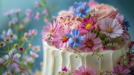 Obraz na płótnie Canvas Exquisite cake embellished with a colorful arrangement of fresh flowers, showcasing culinary artistry against a soft blue background.