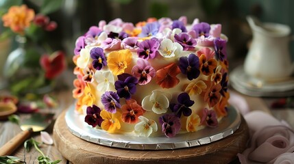 Obraz na płótnie Canvas This cake is a visual feast with its rich covering of multicolored pansy flowers, presented on a rustic wooden base.