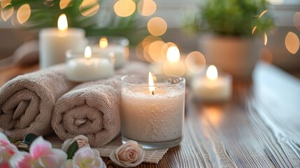 Rolled soft towels and lit candles creating a tranquil spa ambience, with warm bokeh lights enhancing the serene environment.