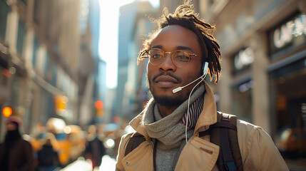 Fototapeta na wymiar portrait of black stylish man walking on a sunny day with cell phone, wearing backpack and headset, in the city with skyscrapers