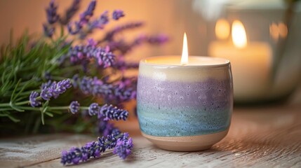 Obraz na płótnie Canvas A serene setting featuring a lit lavender scented candle surrounded by fresh lavender flowers, evoking calmness and tranquility.