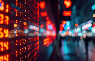 Obraz premium Financial stock exchange market display screen board on the street with and city light reflections