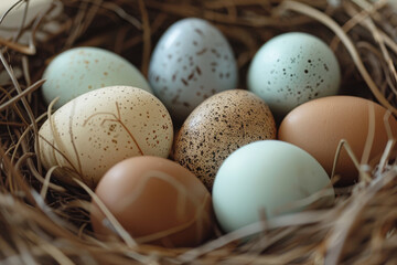 Close-up of speckled Easter eggs in a warm, sunlit nest, evoking the cozy essence of spring..