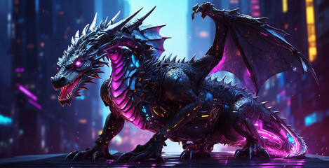 dragon character illustration in cyberpunk style on futuristic background