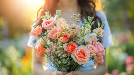 Close-up of a woman's hands clutching a beautiful bouquet of roses and wildflowers in warm sunset light. - obrazy, fototapety, plakaty