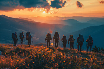 Adventurous Hikers at Sunset in the Mountains