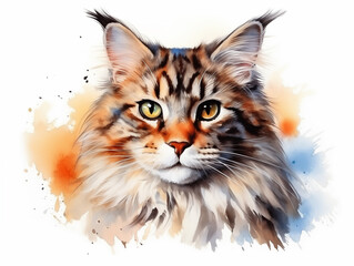 watercolor painting the portrait of cute Maine Coon cat with colorful colors, decorated with floral, isolate on clean white background