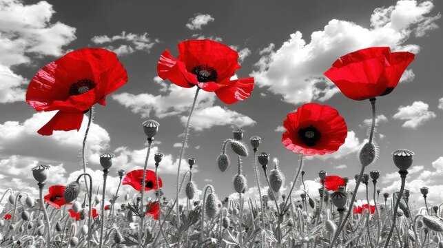a black and white photo of red poppies in a field with a blue sky and clouds in the background.