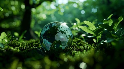 Globe in the forest. 3d render. Earth Day concept