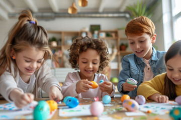 Focused child creatively decorating Easter eggs with colorful patterns at a home setting..