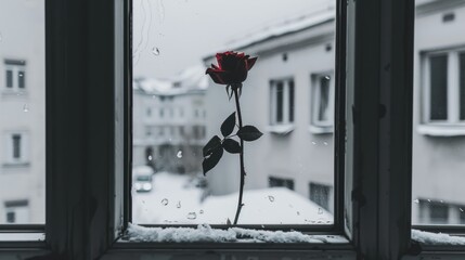 a single rose sitting on a window sill in front of a snow - covered window with a building in the background.