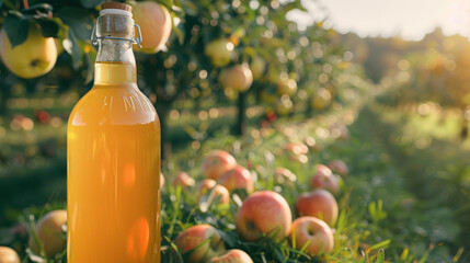 A swing-top glass bottle of apple juice standing among fallen apples on the orchard floor in natural sunlight