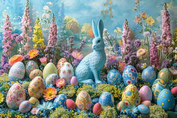 A charming Easter bunny figurine surrounded by colorful eggs and vibrant spring flowers..