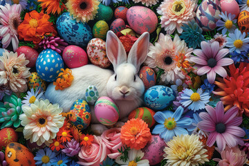 A charming Easter bunny figurine surrounded by colorful eggs and vibrant spring flowers..