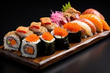 Colorful Platter sushi rolls. Seafood meal. Generate Ai