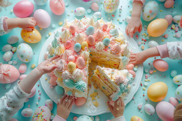 children's group delight in eating a colorful, multi-layered Easter cake during a festive celebration.