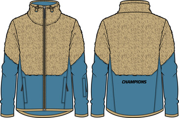 Fleece mix shell jacket design flat sketch Illustration,Fur jacket with Zipper front and back view, Anorak winter jacket for Men and women. for training, Running and workout in winter.