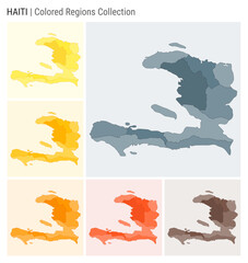 Haiti map collection. Country shape with colored regions. Blue Grey, Yellow, Amber, Orange, Deep Orange, Brown color palettes. Border of Haiti with provinces for your infographic. Vector illustration.