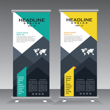 Roll up banner tempalte, vertical template design, for brochure, business, standees, pull up, modern x-banner and flag-banner advertising. vector illustration with green and yellow color.