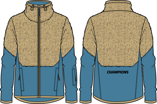 Fleece mix shell jacket design flat sketch Illustration,Fur jacket with Zipper front and back view, Anorak winter jacket for Men and women. for training, Running and workout in winter.